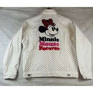 Disney Minnie Mouse Denim Jacket White Polka Dot Sequins Embroidered Size L NWOT